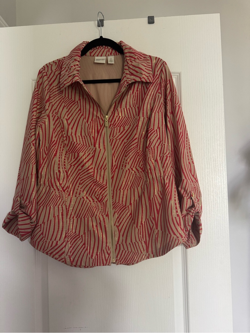 Chico's Cream and Red Abstract Zip Jacket